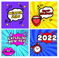 Set of pop art comic happy new year vector illustration. Decorative set of backgrounds for Happy New Year. Christmas illustration in retro comic style. New Year background.