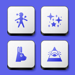 Set Voodoo doll, Magical glitter particles, Rabbit with ears and All-seeing eye of God icon. White square button. Vector