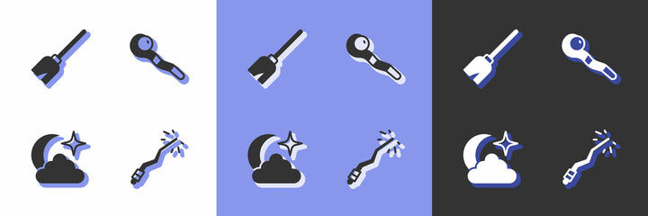 Set Magic wand, Witches broom, Moon stars and staff icon. Vector