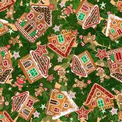 Winter background with Christmas gingerbread man, women, house cookies and stars  on a green branches background