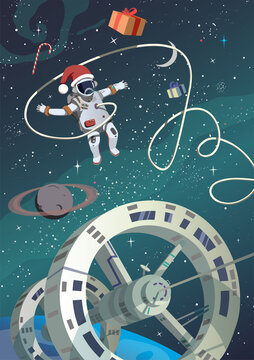 Christmas in Earth orbit, astronaut in outer space. Vector.