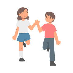 Happy Little Boy and Girl Holding Hands and Walking Together Vector Illustration