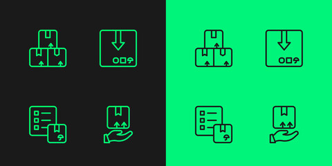 Set line Delivery hand with box, Verification of delivery list, Carton cardboard and icon. Vector