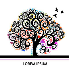 The tree is multi-colored with hearts. Nature postcard with flying birds. Vector illustration