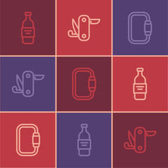 Set line Bottle of vodka, Carabiner and Swiss army knife icon. Vector