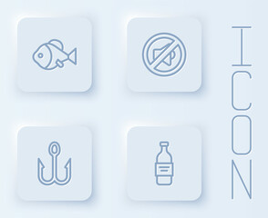 Set line Fish, Speaker mute, Fishing hook and Bottle of vodka. White square button. Vector