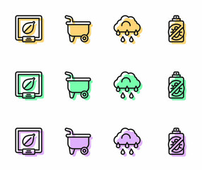 Set line Cloud with rain, Seeds of specific plant, Wheelbarrow and Spray against insects icon. Vector