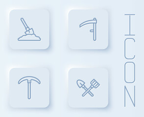Set line Shovel in the ground, Scythe, Pickaxe and and rake. White square button. Vector
