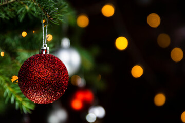 Christmas decoration and ornaments closeup on a Christmas tree