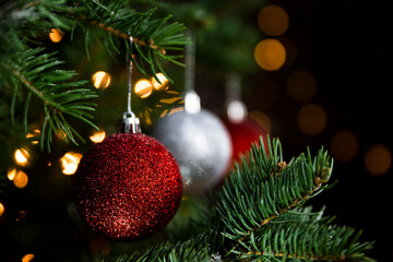 Christmas decoration and ornaments closeup on a Christmas tree