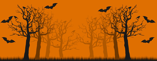 Happy Halloween banner. Spooky jungle scene with copy space