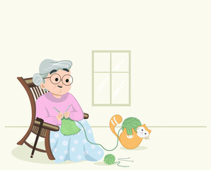 Granny weaving woolen sweater in winters. Knitting sweater on leisure chair while cat playing with the wooden yarn ball. Modern granny and cat scene. Flat colored isolated vector illustration.