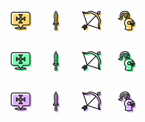 Set line Medieval bow and arrow, Crusade, sword and helmet icon. Vector