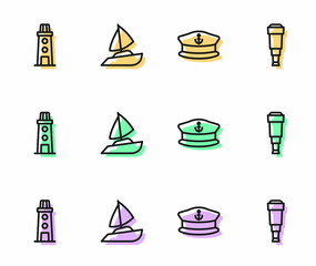 Set line Captain hat, Lighthouse, Yacht sailboat and Spyglass telescope lens icon. Vector