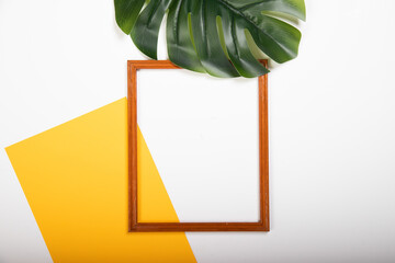 Black picture frame with part of fresh green jungle monster leaves on white background with copy space