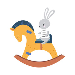 Wooden Rocking Horse and Stuffed Hare as Colorful Kids Toy Vector Illustration