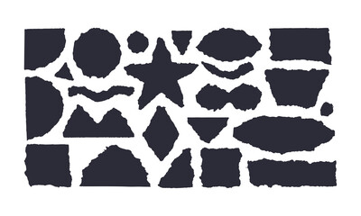 Black on white geometric shapes of paper torn. Set of torn paper of different geometric shapes isolated. Vector scraps of circle, square, star, semicircle, ellipse.