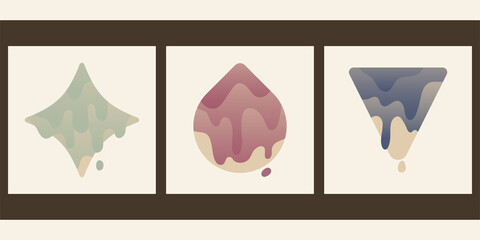 A set of three colorful aesthetic backgrounds. Minimalistic posters for social media, web design. Vintage geometric illustrations with different shapes, gradients, tints, fluids.