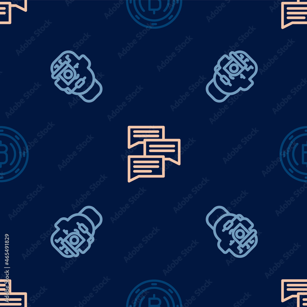 Poster set line cryptocurrency coin bitcoin, smart glasses on spectacles and speech bubble chat on seamless