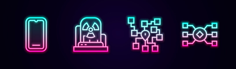 Set line Mobile phone, Radioactive warning lamp, Neural network and . Glowing neon icon. Vector