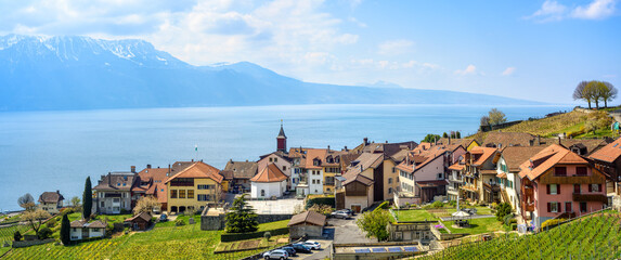 Fototapeta na wymiar Chexbres village on Lake Geneva in Lavaux vineyard terrace region, Lausanne, Switzerland