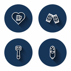 Set line Heart with glass of beer, Beer can, Bottle opener and Salami sausage with long shadow. Blue circle button. Vector