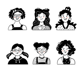 Cute girls portraits set, user icons, flat design.