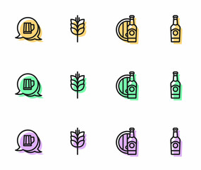Set line Beer bottle and wooden barrel, Wooden beer mug, Wheat and icon. Vector