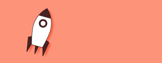 Cartoon Rocket Concept on red background. Horizontal web banner with copy space, template.