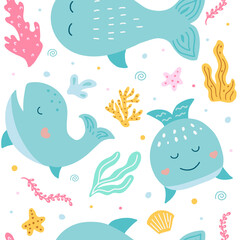 Obraz na płótnie Canvas Vector hand-drawn colored childish seamless repeating simple flat pattern with whales