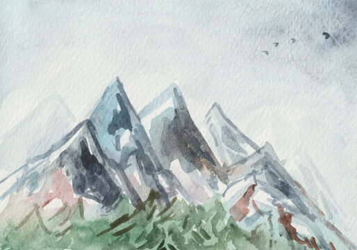 Watercolor landscape. Snow-covered highlands with elements of wild vegetation. For postcards and other nature-themed products in winter