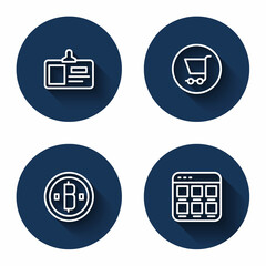 Set line Identification badge, Shopping cart, Cryptocurrency coin Bitcoin and Online shopping screen with long shadow. Blue circle button. Vector