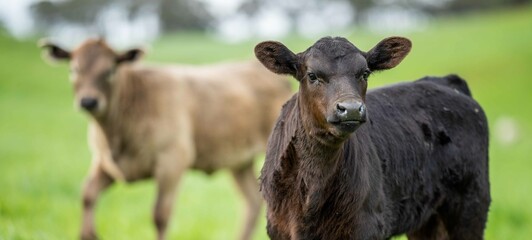 cows in the field, grazing on grass and pasture in Australia, on a farming ranch. Cattle eating hay...