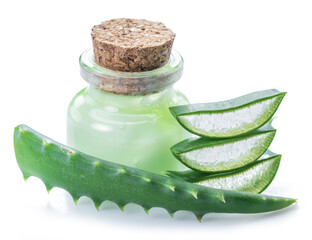 Aloe gel in the cosmetic jar and fresh aloe leaves on white background.