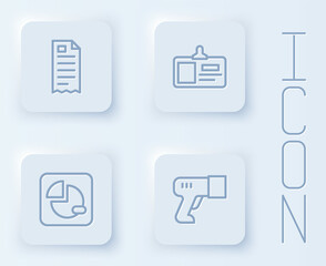 Set line Financial check, Identification badge, Pie chart infographic and Scanner scanning bar code. White square button. Vector