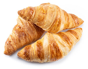 Tasty crusty croissant close-up on a white background.