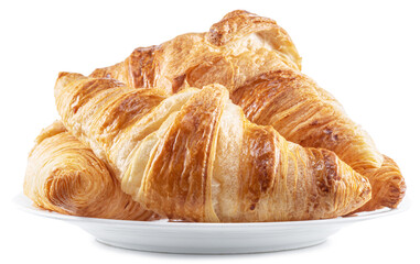 Tasty crusty croissants on the plate on white background. File contains clipping path.
