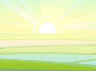 Bright dawn. Agriculture fields on flat terrain. Rural landscape. Horizontal village nature illustration. Cute country hills. Flat style. Vector