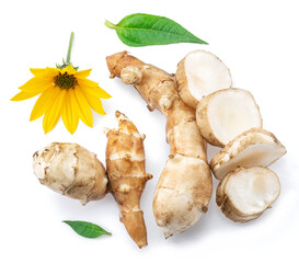 Jerusalem artichoke roots with leaves and flower of Jerusalem artichoke isolated on white background.
