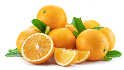 Group of fresh orange fruits and orange slices isolated on white background.