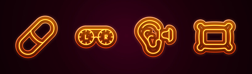 Set line Sleeping pill, Contact lens container, Earplugs and ear and Pillow. Glowing neon icon. Vector
