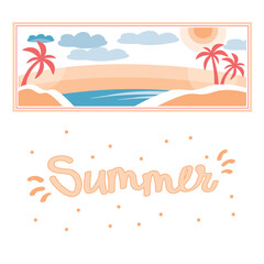 Summer. Vector graphics. Landscape, palm trees, sea, beach, sun. Design, screensaver, illustration, album, advertising. A beautiful postcard.