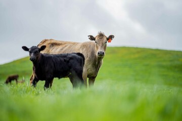 cows in the field, grazing on grass and pasture in Australia, on a farming ranch. Cattle eating hay...