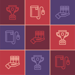 Set line Award cup, Book donation and Electronic book with mouse icon. Vector