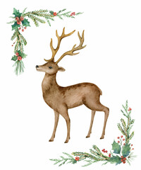 Christmas vector watercolor wreath with a deer and fir branches.