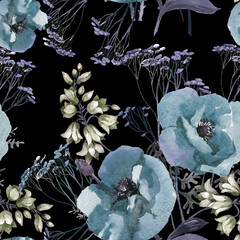 Poppie and bluebells bouquets watercolor on black background seamless pattern for all prints.