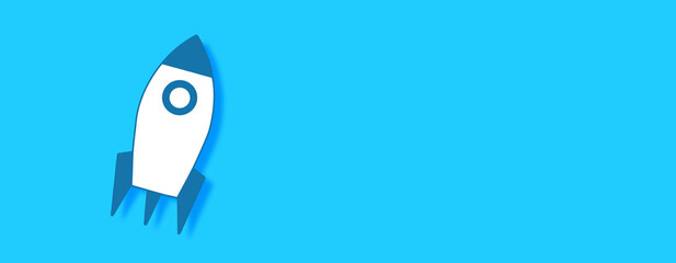 Cartoon Rocket Concept on blue background. Horizontal web banner with copy space, template.