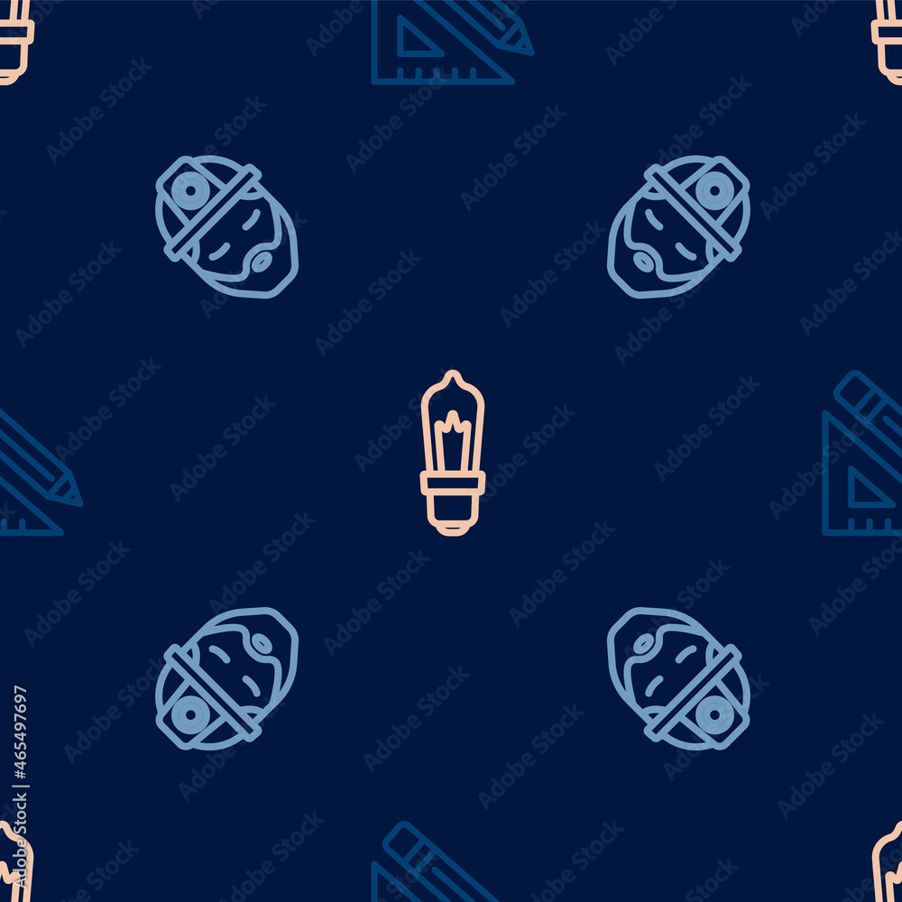 Poster set line triangular ruler and pencil, builder and light bulb on seamless pattern. vector