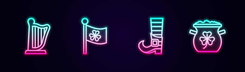 Set line Harp, Ireland flag with clover, Leprechaun boot and Pot of gold coins. Glowing neon icon. Vector