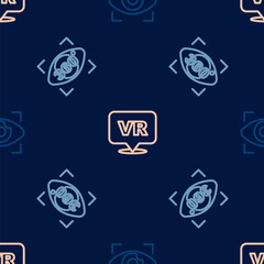 Set line Big brother electronic eye, 360 degree view and Virtual reality on seamless pattern. Vector